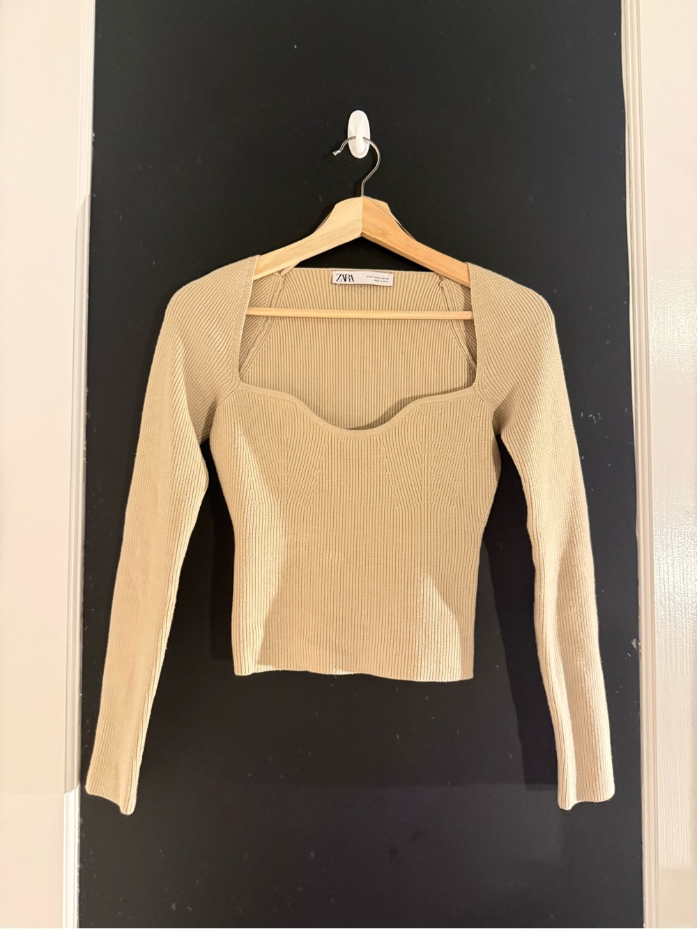 ZARA Tan Ribbed Long-Sleeve Square Neck Top